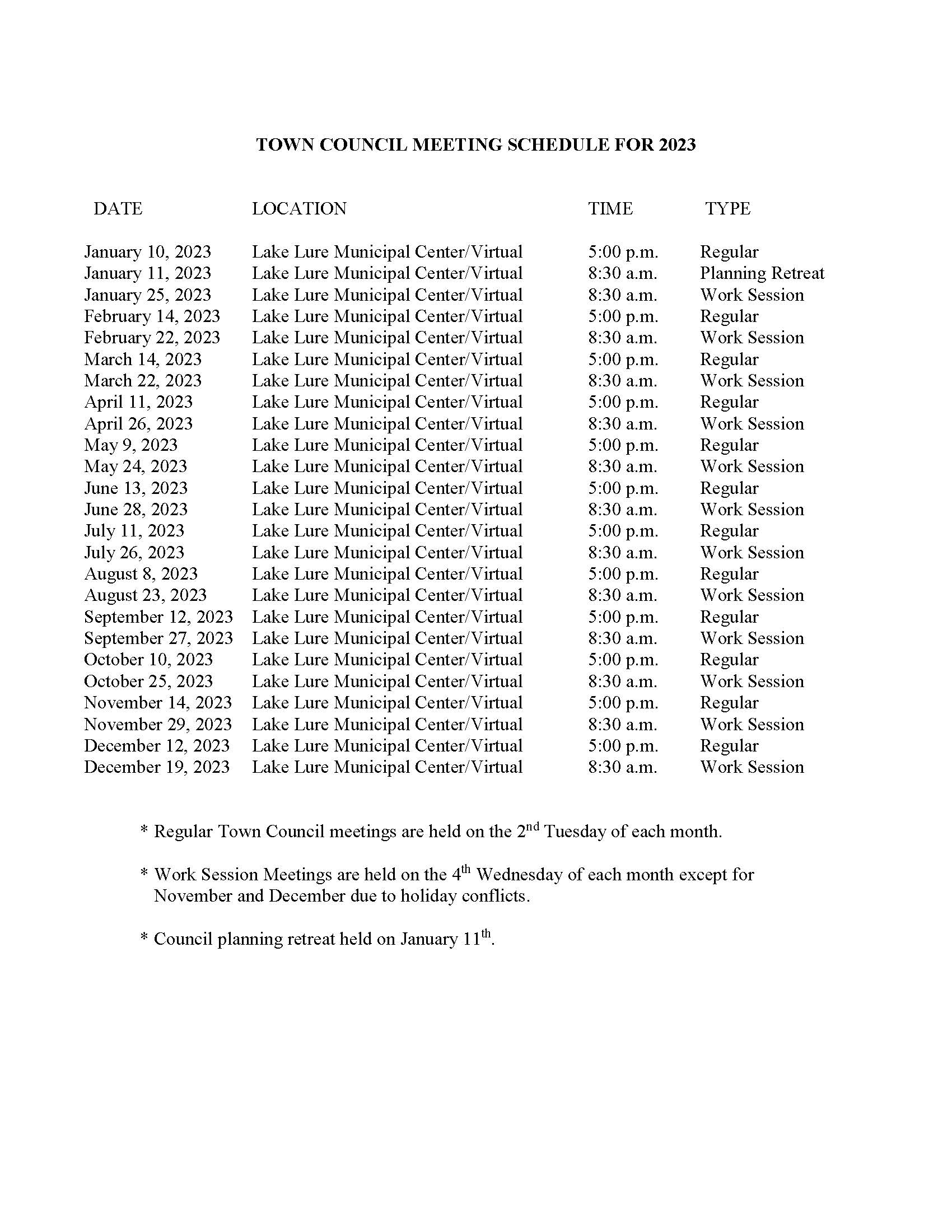 2023 Town Council Meeting Schedule Lake Lure North Carolina