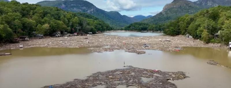 Debris in Lake Lure after Hurricane Helene