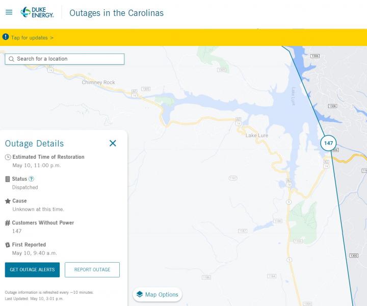 Temporary Road Closure/Power Outage Friday, May 10, 2024 Lake Lure North Carolina