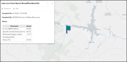 Western North Carolina Recreational Monitoring Program Dashboard - Lake Lure Swim Beach 6/10/26