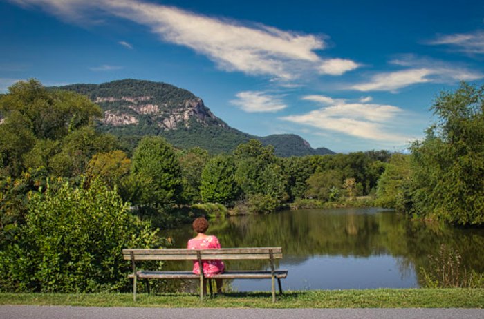 Woman Sitting on Bench Looking at Lake Lure by Arthur Warlick - Google