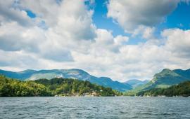 Lake Lure on a sunny day with blue skies
