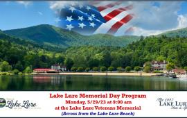 Lake Lure Beach and Lake Lure Inn with American Flag - 2023 Memorial Day Program Invitation