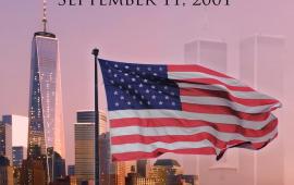We Will Never Forget with NT City in background and American Flag in front.  
