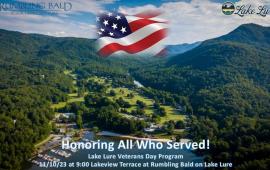 2023 Veterans Day Program Banner 11/10/23 at 9AM at Rumbling Bald on Lake Lure 