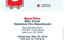 Bill’s Creek Volunteer Fire Department Blood Drive on Wednesday, 5/29/24 9 AM to 1:30 PM  Sign