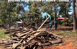 Yard with debris from clean up after the flood