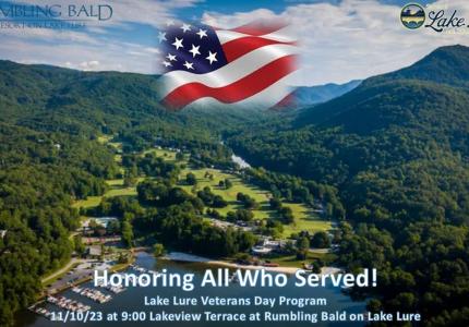 2023 Veterans Day Program Banner 11/10/23 at 9AM at Rumbling Bald on Lake Lure 
