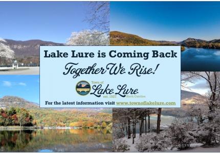 Together we rise banner surrounded by pictures of Lake Lure in all four seasons