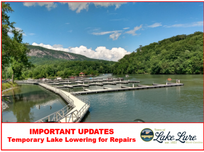 Marina on a sunny day with text Important Updates Temporary Lake Lowering for Repairs