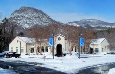 Lake Lure Town Hall in snow
