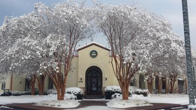 Lake Lure Town Hall in snow