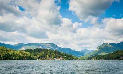 Lake Lure on a sunny day with blue skies