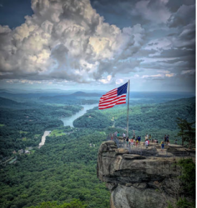 American flag flying from Chimney Rock
