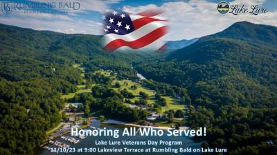 2023 Veterans Day Program Banner 11/10/23 at 9AM at Rumbling Bald on Lake Lure 