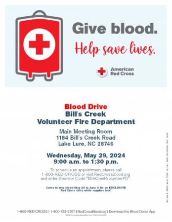 Bill’s Creek Volunteer Fire Department Blood Drive on Wednesday, 5/29/24 9 AM to 1:30 PM  Sign