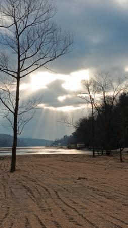 Sunrise with rays over Lake Lure