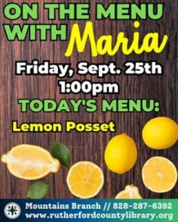 Mountains Branch Library Event - On the Menu with Maria - 9/25/26 at 1PM