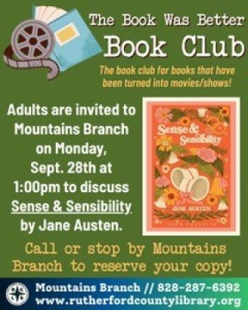 Mountains Branch Library Event - Book Club - Sense & Sensibility - 9/28/26 at 1PM