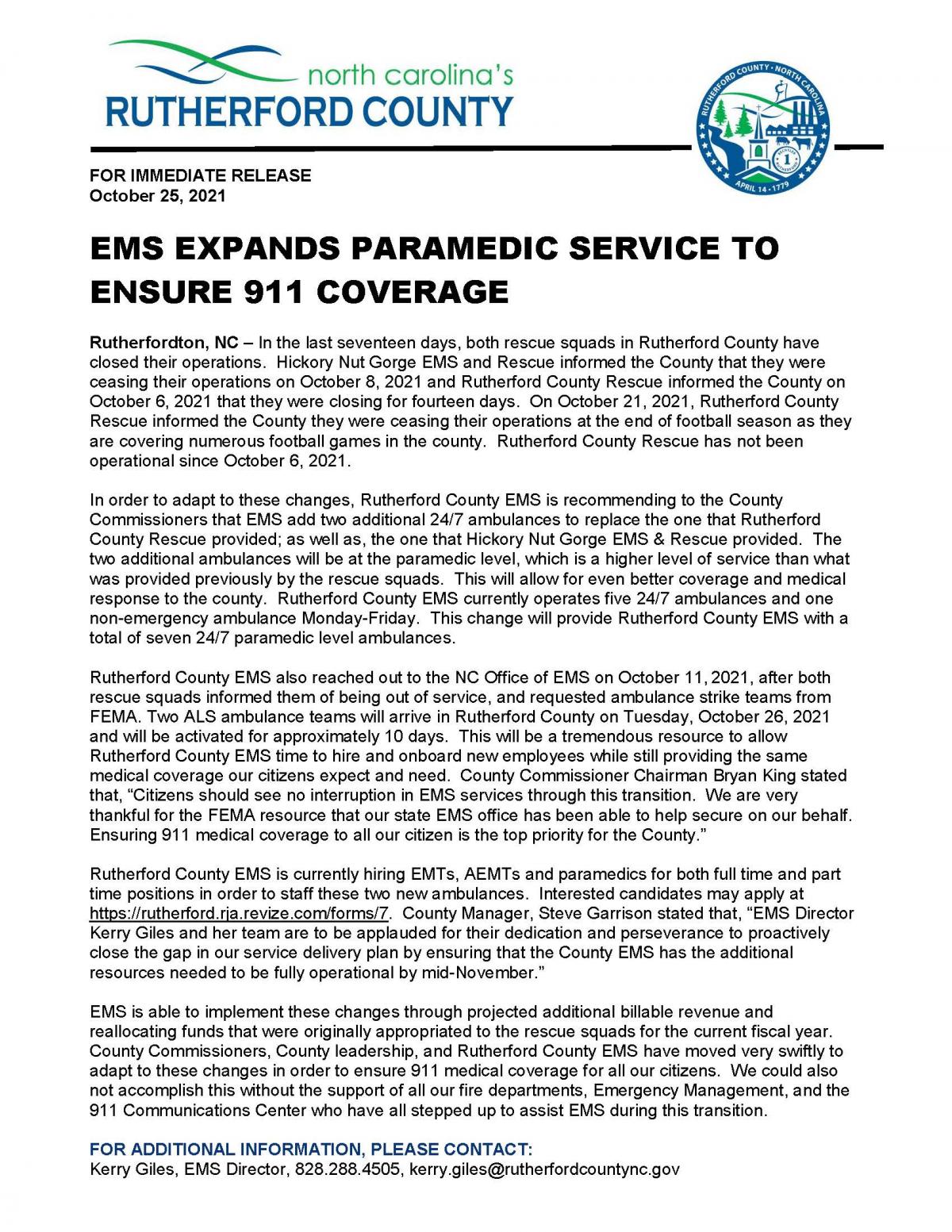 Rutherford County Press Release EMS Services