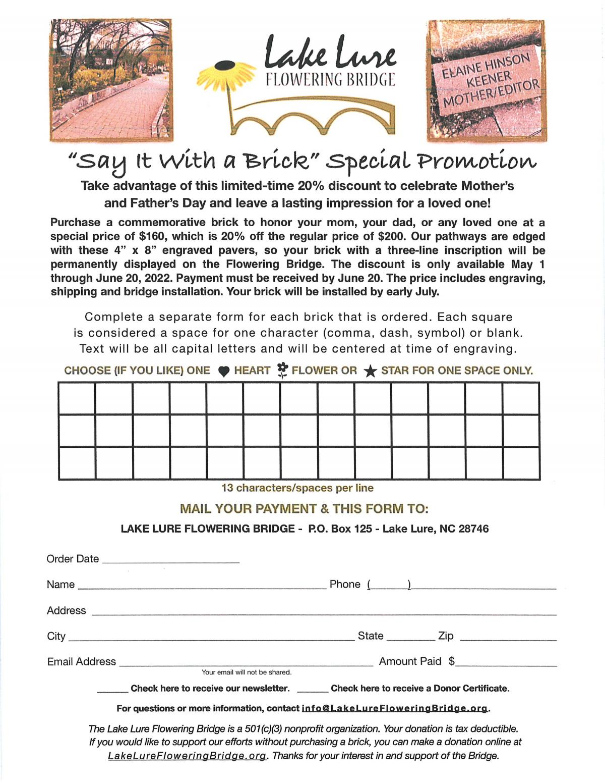Lake Lure Flowering Bridge Brick Sale