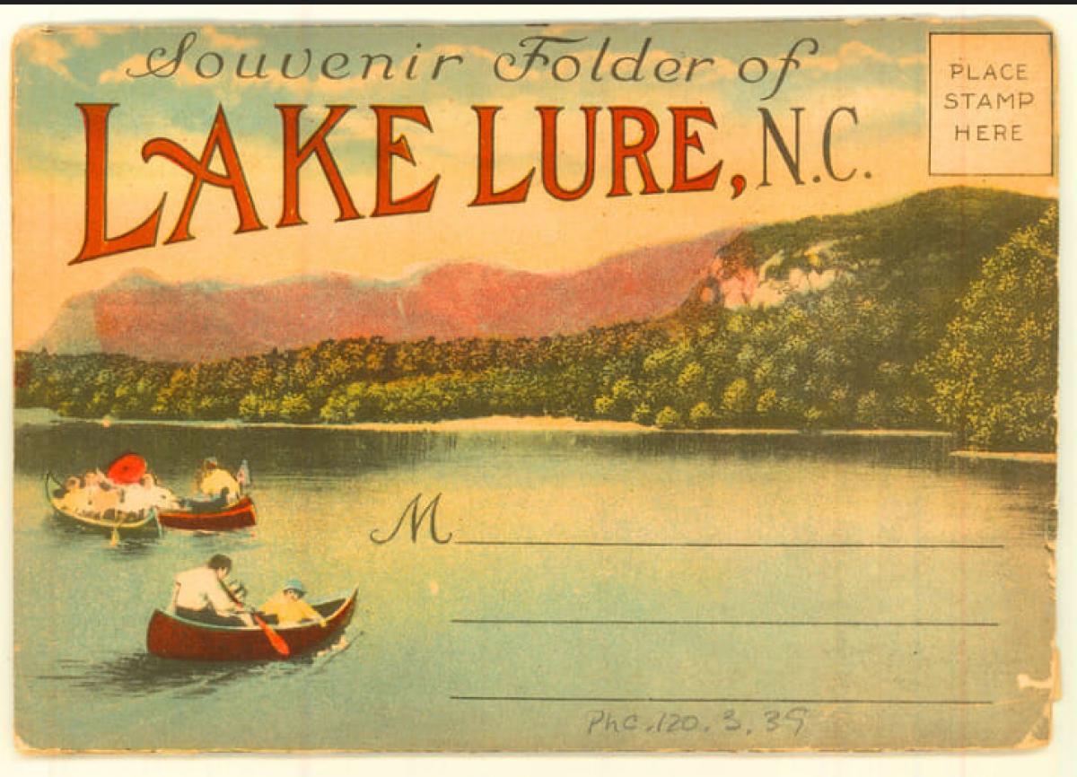 Vintage Lake Lure postcard with two canoes