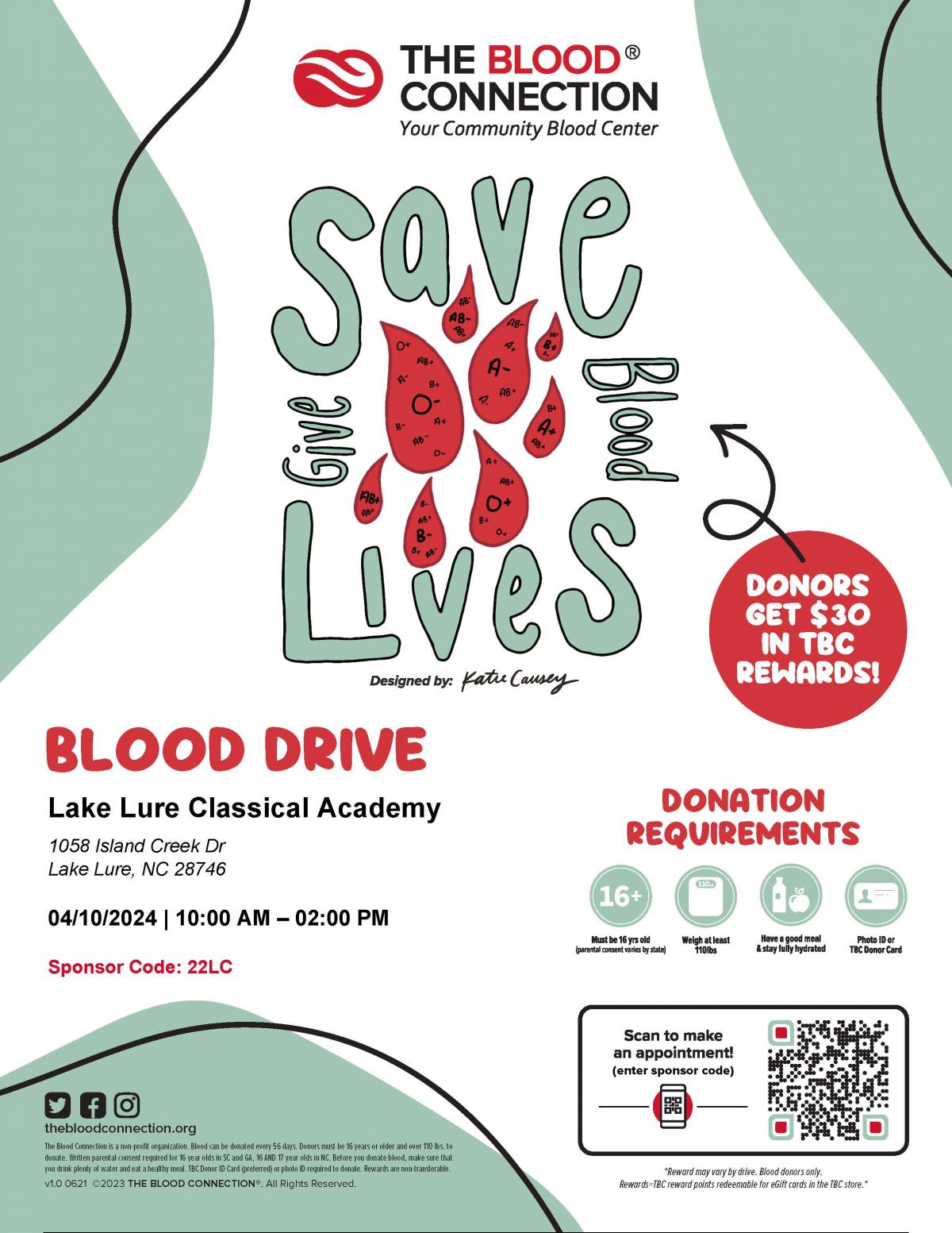 2024 Poster for Blood Drive at Lake Lure Classical Academy 4/10/24