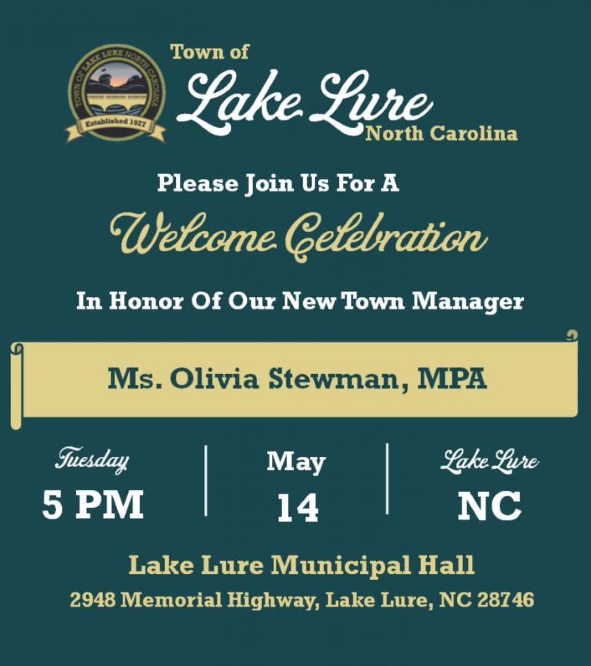 Welcome Celebration 5/14/24 at 5:00 In Honor Of Our New Town Manager Olivia Stewman