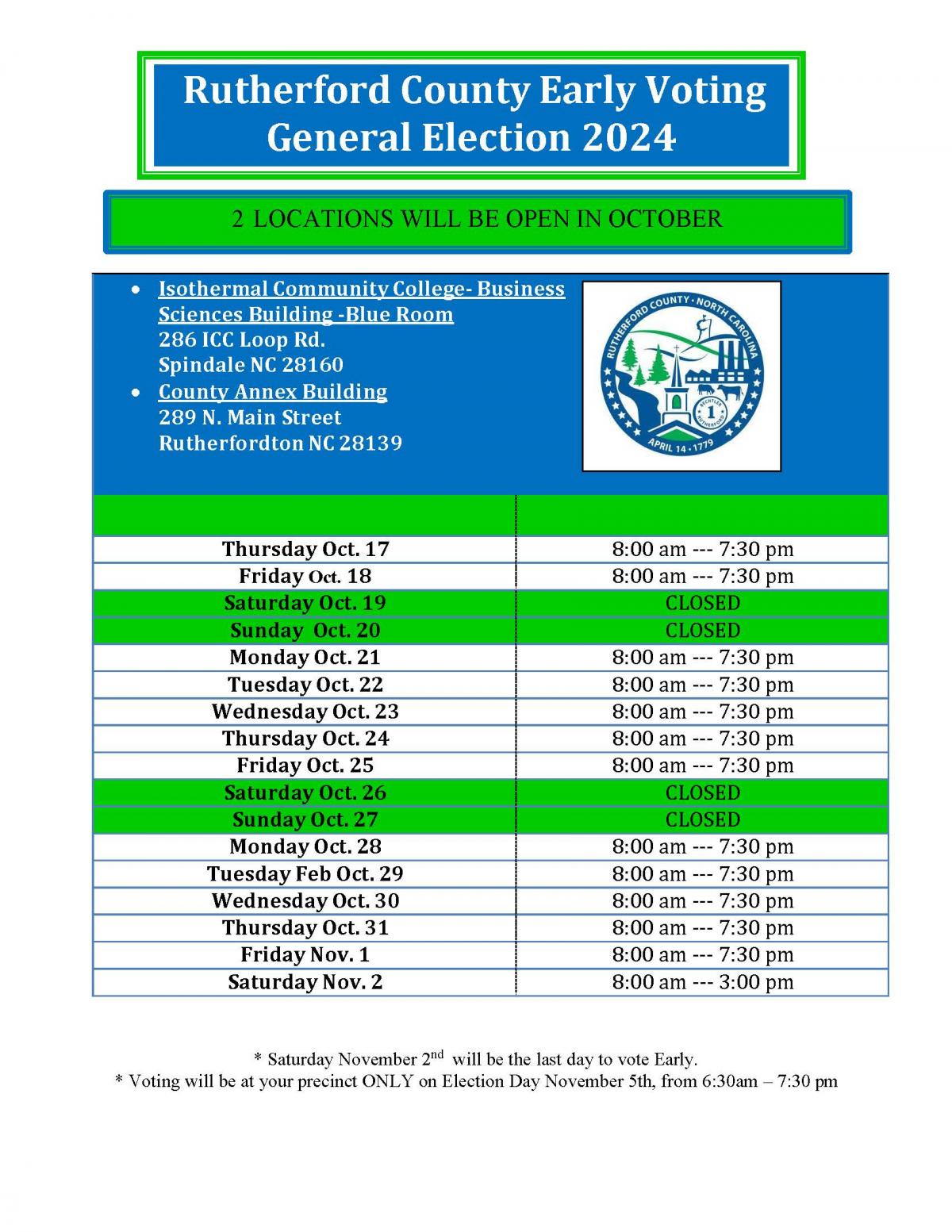 2024 Rutherford County NC Voting Schedule