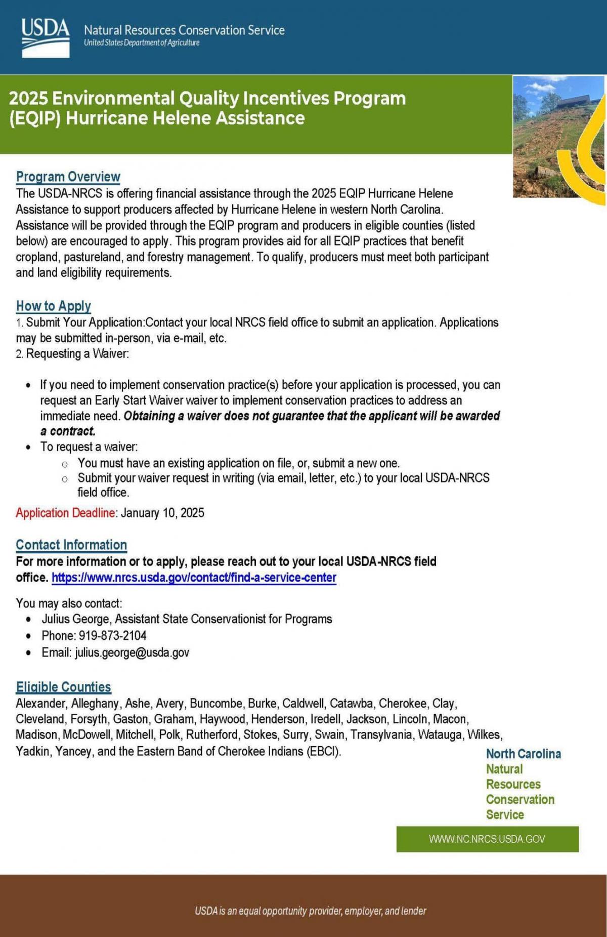 USDA - Natural Resources Conservation Service 2025 EQIP Hurricane Helene Assistance 
