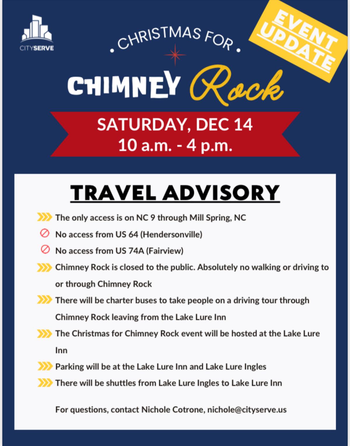  Chimney Rock Christmas Event Travel Advisory