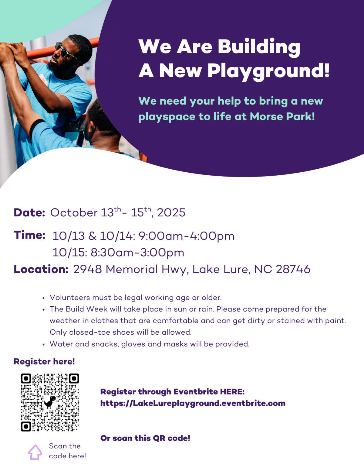 Lake Lure Playground Build Flyer 10/13/25 -10/15/25