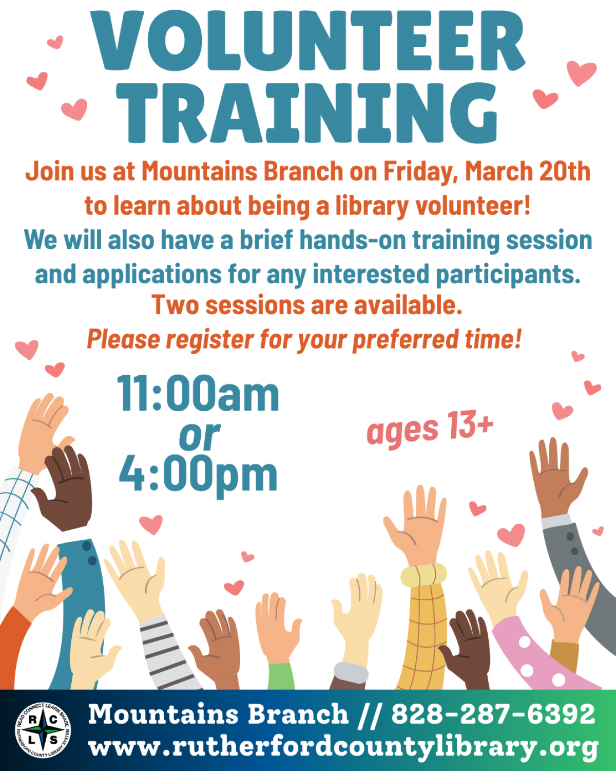 Mountains Branch Library Event - Volunteer Training - 3/20/26 at 11:00 or 4:00