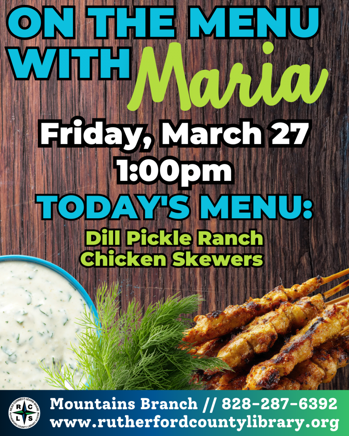Mountains Branch Library Event - On the Menu with Maria - 3/27/26 at 1:00