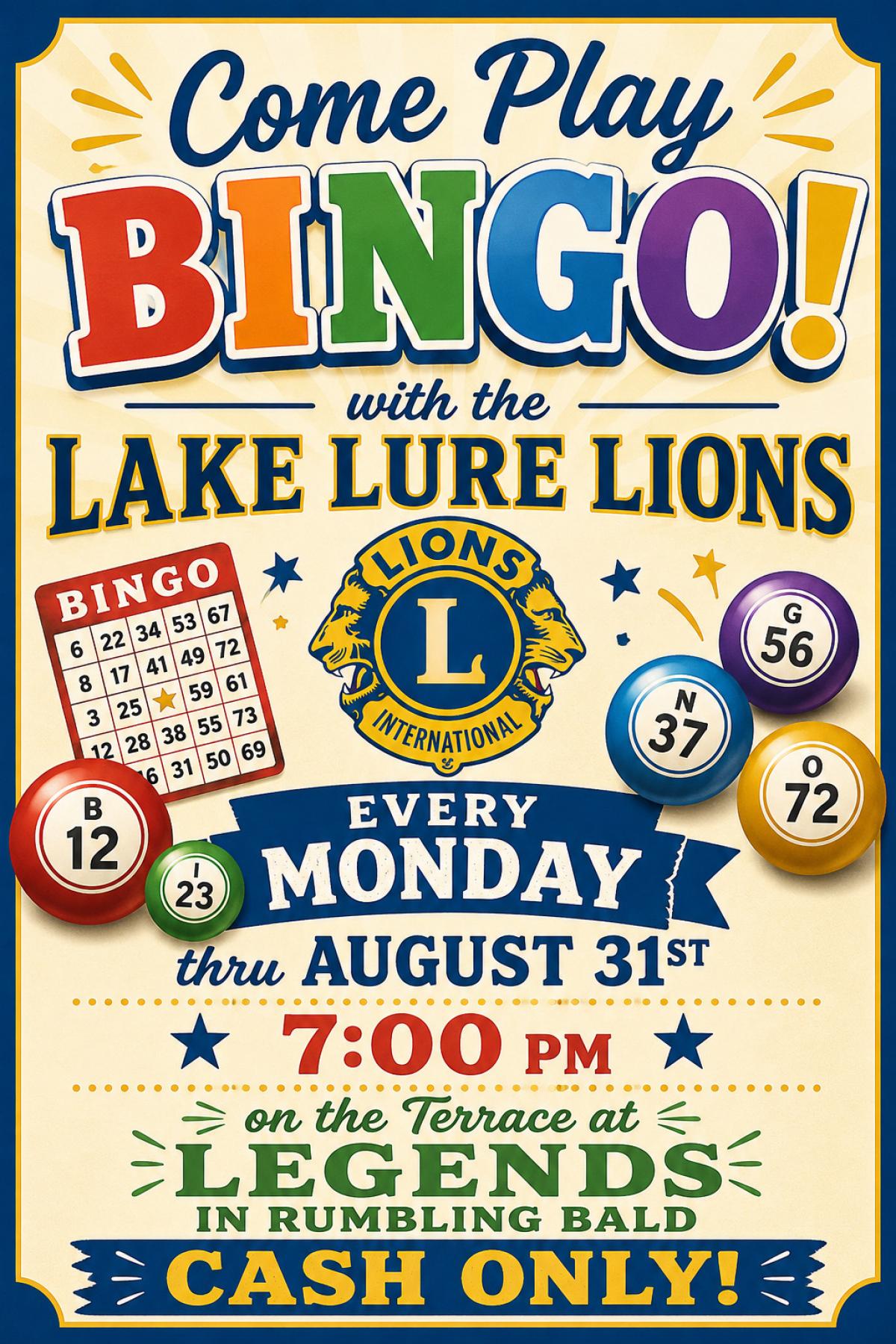 Bingo with the Lake Lure Lions Mondays at 7pm