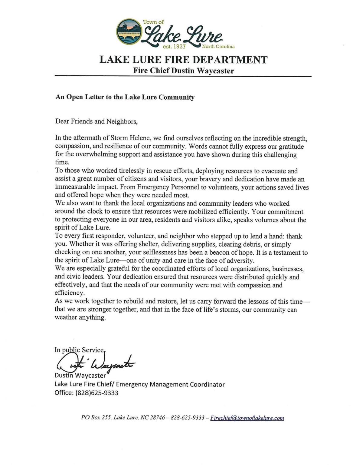 Open Letter of Thanks to the Community