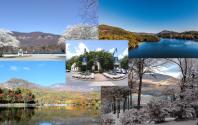Lake Lure in all four seasons with Town Hall in the Center